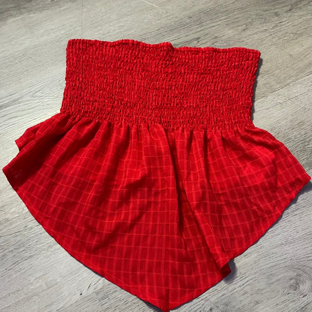 imexn Tube Top Women Large Red Smocked Handkerchief Hem Strapless Peplum